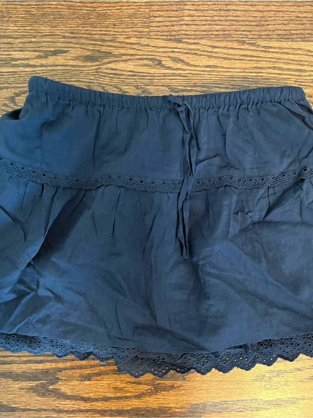 Reformation Navy Eyelet Cap-Sleeve Button Down Top and Matching Skirt Set
